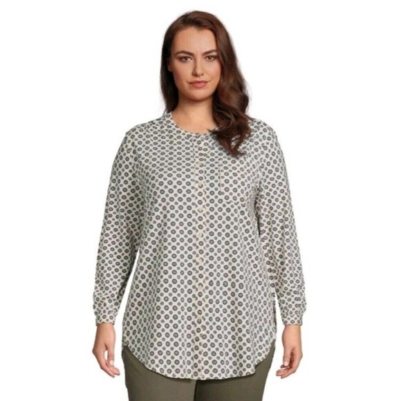 Lands' End Tops - Lands End Sz 1X Blouse Shirt Button Down Top White Gray Geometric Print Career
